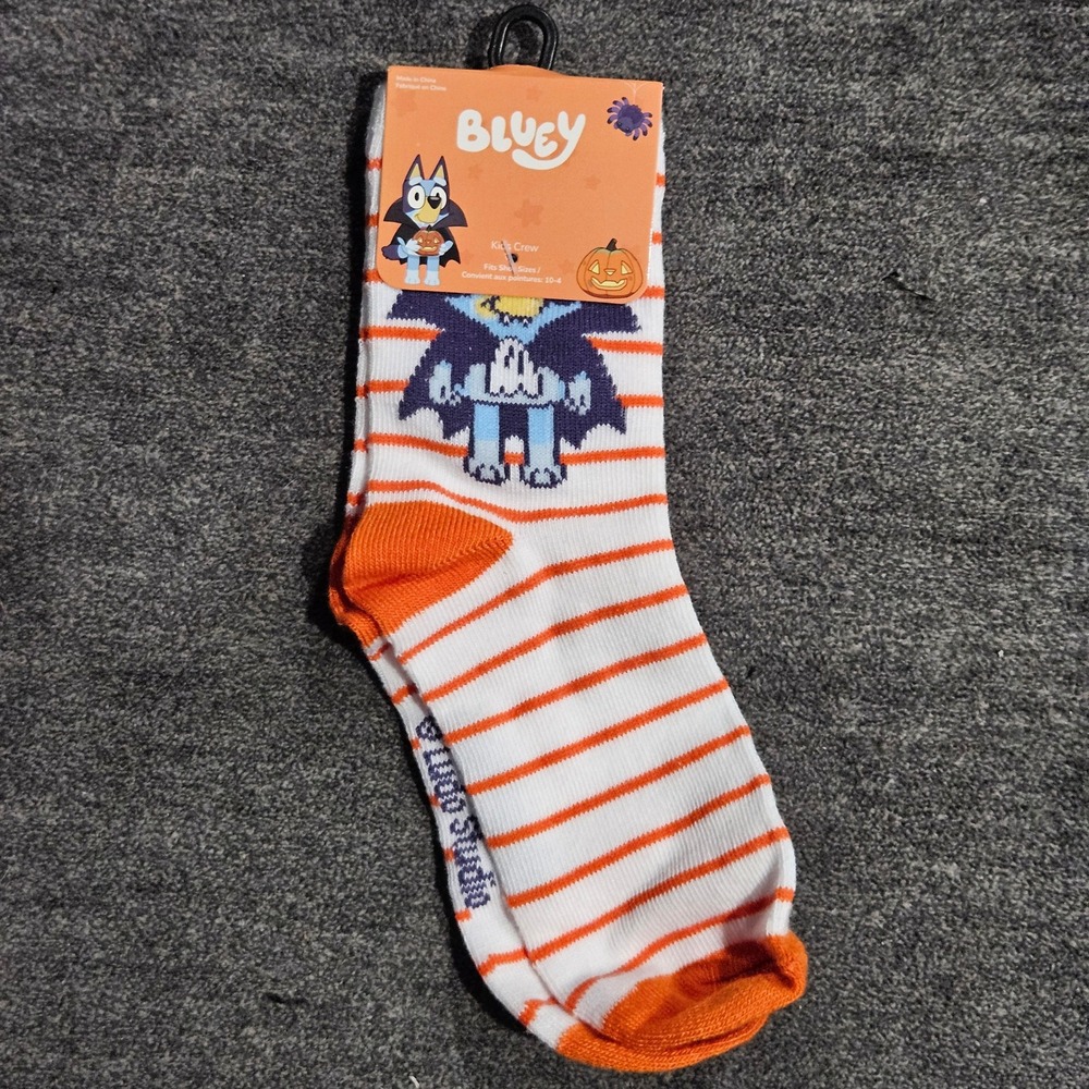 Bluey Kids Halloween Vampire Crew Socks White Orange Striped Shoe Size 10-4 NWT